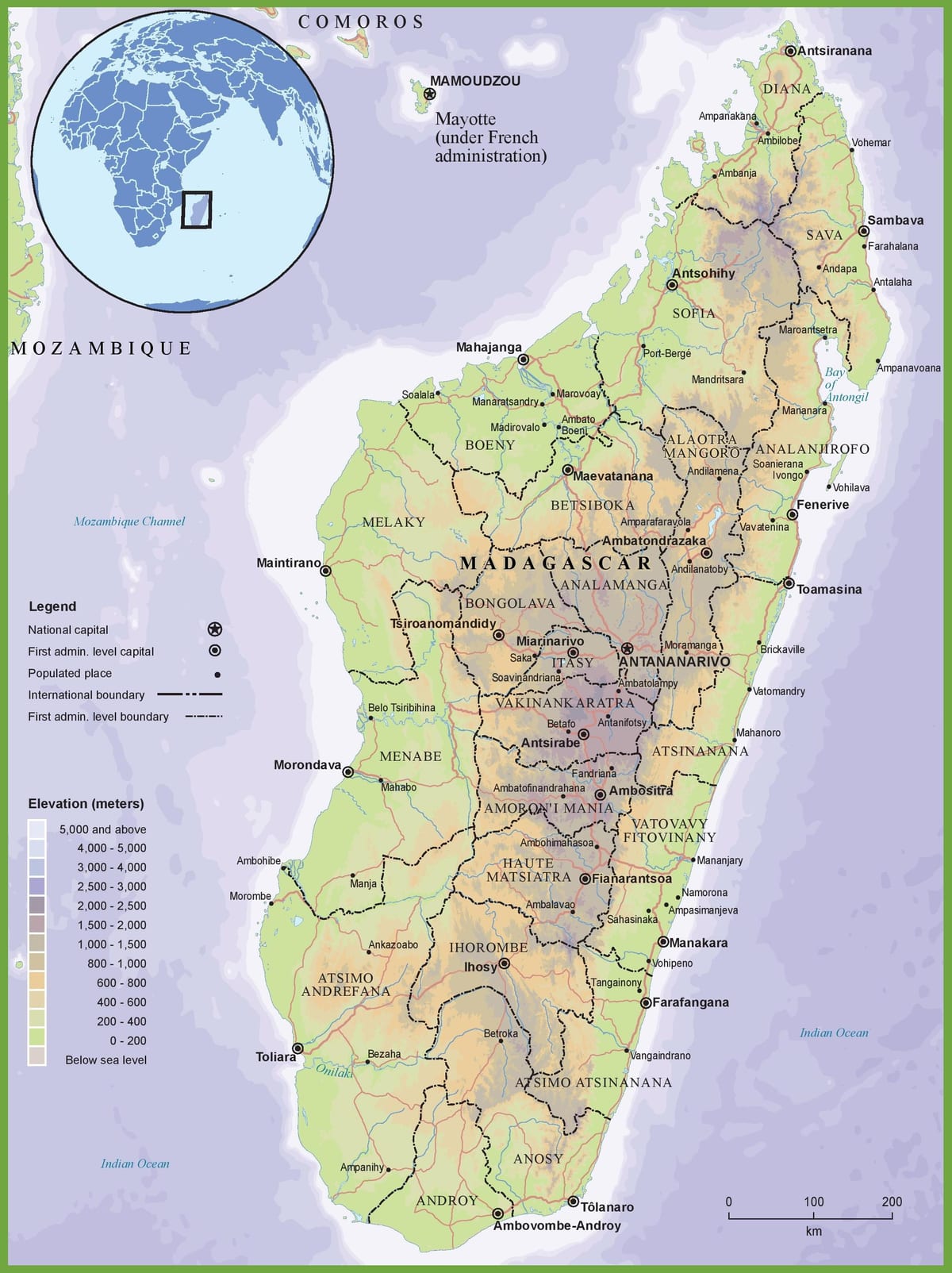 térkép fizikai térkép Madagaszkár